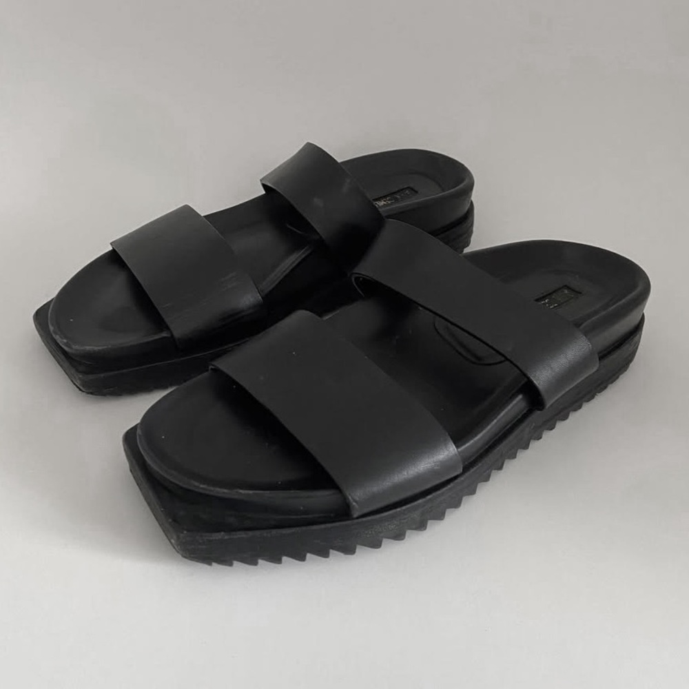 Ann Demeulemeester Black Leather Slides Square Toe Designer Sandals - Size 36.5